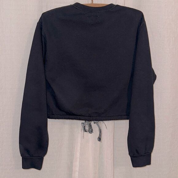 The REWORKS S Navy Distressed Denim Patchwork Ties Cropped Crewneck Sweatshirt - Picture 2 of 13